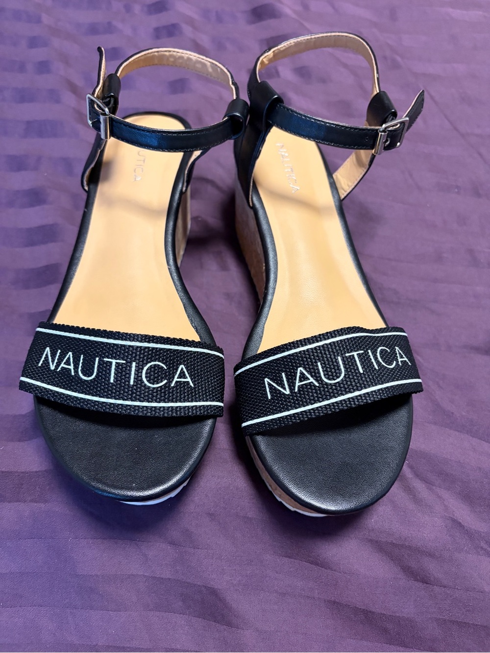 Nautica Soraya Black Cork Platform Wedge Sandals Logo Strap Women’s Size 9